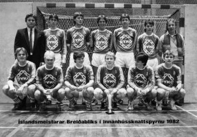 <p>Meistaraflokkur karla - &Iacute;slandsmeistarar innanh&uacute;ss &aacute;ri&eth; 1982.</p>

<p><br />
Aftari r&ouml;&eth; fr&aacute; vinstri: Karl Steingr&iacute;msson forma&eth;ur, &THORN;&oacute;rarinn &THORN;&oacute;rhallsson, Helgi Helgason, Sigur&eth;ur Gr&eacute;tarsson, Bj&ouml;rn &THORN;&oacute;r Egilsson, Ragnar R&ouml;gnvaldsson, G&iacute;sli Sigur&eth;sson &thorn;j&aacute;lfari.</p>

<p><br />
Fremri r&ouml;&eth; fr&aacute; vinstri: J&oacute;hann Gr&eacute;tarsson, &THORN;orsteinn Geirsson, &THORN;orsteinn Hilmarsson, Vignir Baldursson fyrirli&eth;i, Trausti &Oacute;marsson, Sigurj&oacute;n Kristj&aacute;nsson.</p>